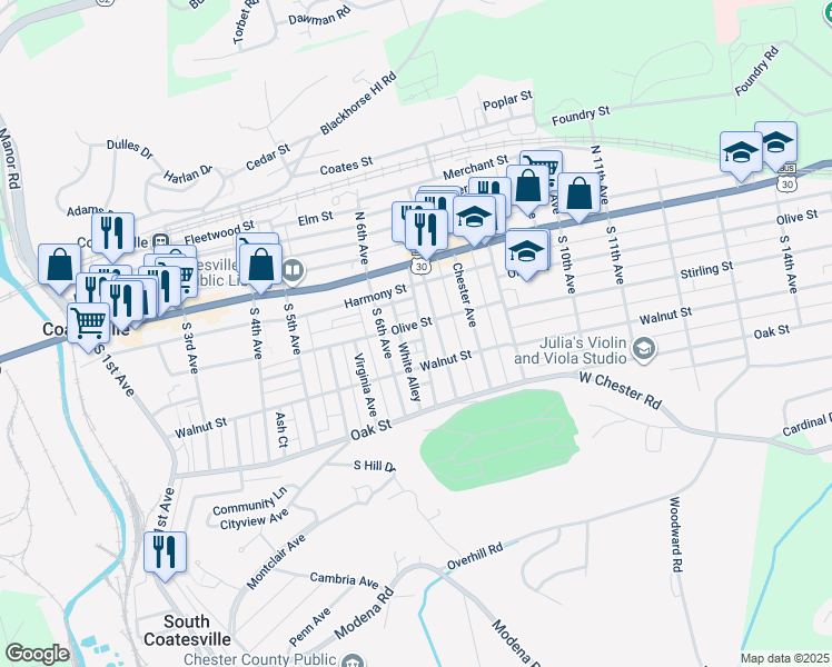 map of restaurants, bars, coffee shops, grocery stores, and more near 630 Olive Street in Coatesville