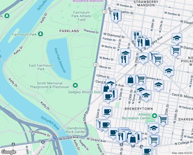map of restaurants, bars, coffee shops, grocery stores, and more near 3226 Clifford Street in Philadelphia