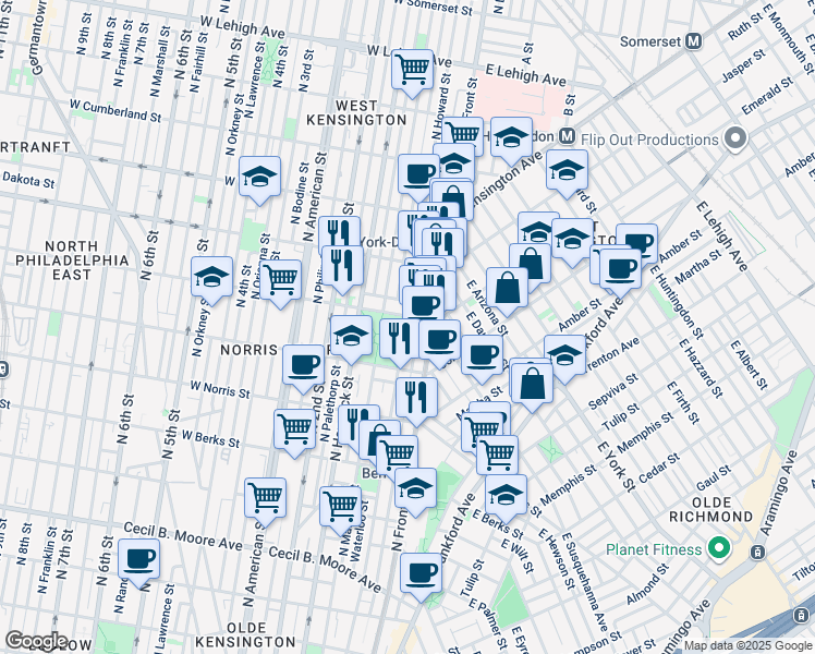 map of restaurants, bars, coffee shops, grocery stores, and more near 2145 North Howard Street in Philadelphia