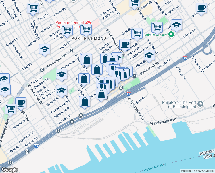 map of restaurants, bars, coffee shops, grocery stores, and more near 3141 Tilton Street in Philadelphia