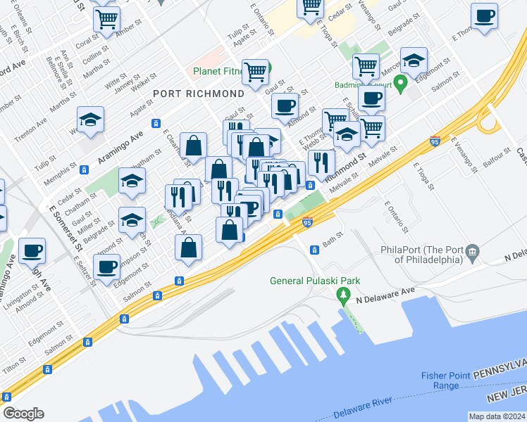 map of restaurants, bars, coffee shops, grocery stores, and more near 3180 Emery Street in Philadelphia