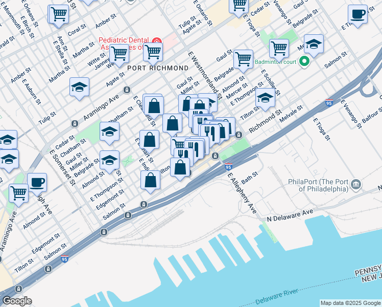 map of restaurants, bars, coffee shops, grocery stores, and more near 3141 Tilton Street in Philadelphia