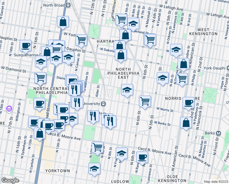 map of restaurants, bars, coffee shops, grocery stores, and more near 2041 North 9th Street in Philadelphia