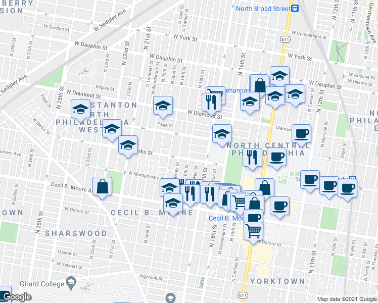 map of restaurants, bars, coffee shops, grocery stores, and more near N 18th St & Monument St in Philadelphia