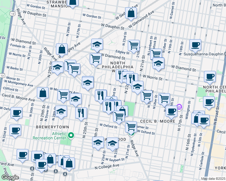 map of restaurants, bars, coffee shops, grocery stores, and more near 1838 North 23rd Street in Philadelphia