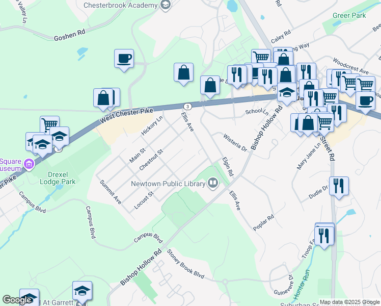map of restaurants, bars, coffee shops, grocery stores, and more near 15 Locust Street in Newtown Square
