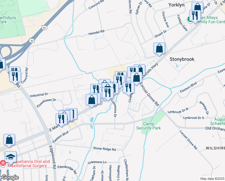 map of restaurants, bars, coffee shops, grocery stores, and more near 3605 East Market Street in York