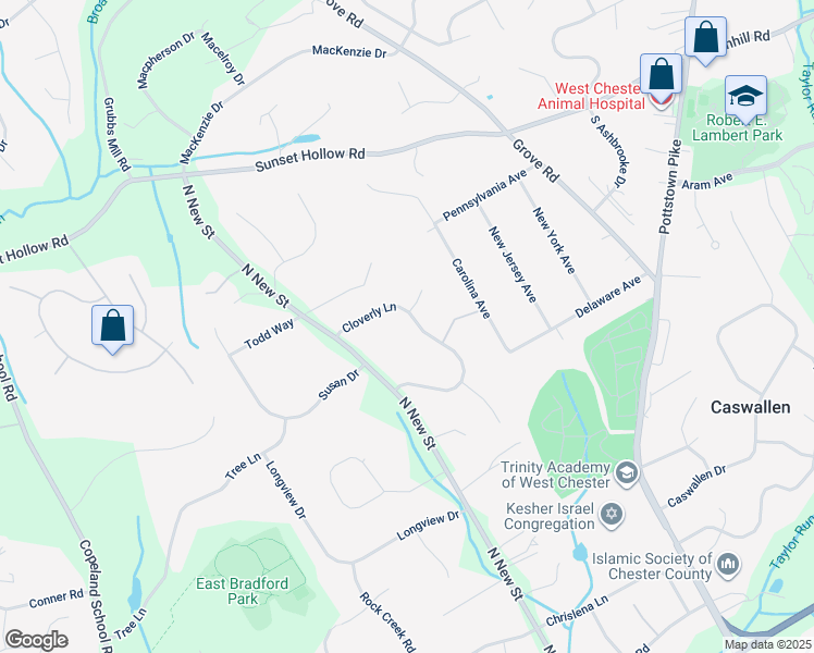 map of restaurants, bars, coffee shops, grocery stores, and more near 106 Cloverly Lane in West Chester