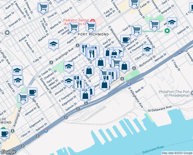 map of restaurants, bars, coffee shops, grocery stores, and more near 3067 East Thompson Street in Philadelphia