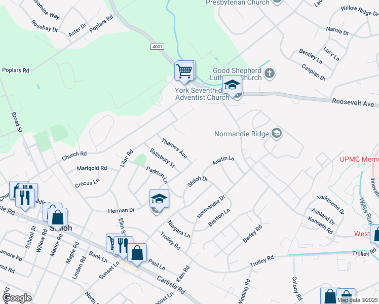 map of restaurants, bars, coffee shops, grocery stores, and more near 2121 Thames Avenue in York