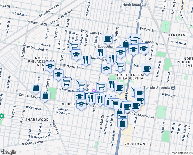 map of restaurants, bars, coffee shops, grocery stores, and more near 1713 Monument Street in Philadelphia