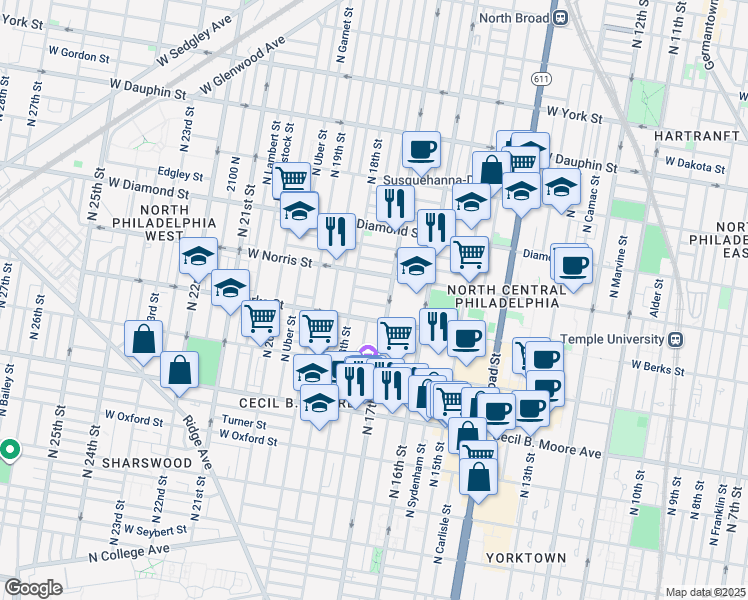 map of restaurants, bars, coffee shops, grocery stores, and more near 1719 Monument Street in Philadelphia