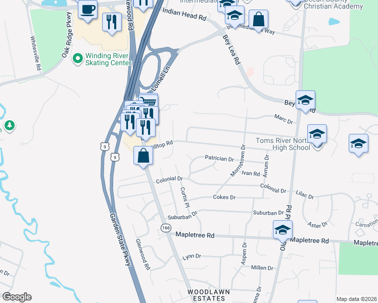 map of restaurants, bars, coffee shops, grocery stores, and more near 5 Susanna Court in Toms River