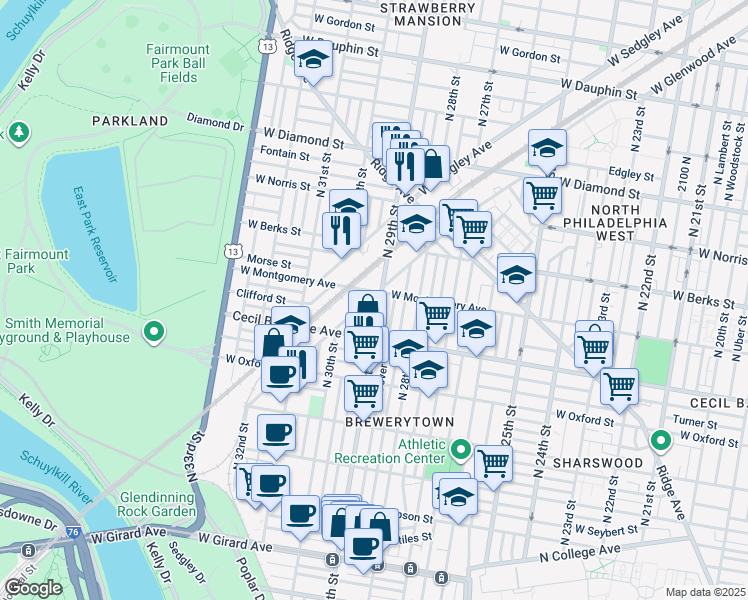 map of restaurants, bars, coffee shops, grocery stores, and more near 1756 North 29th Street in Philadelphia