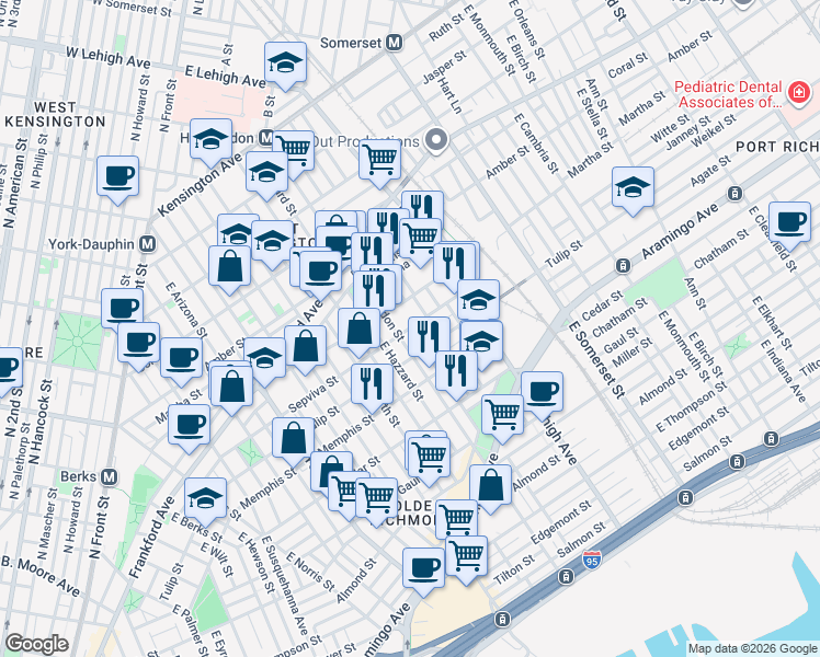 map of restaurants, bars, coffee shops, grocery stores, and more near East Harold Street in Philadelphia