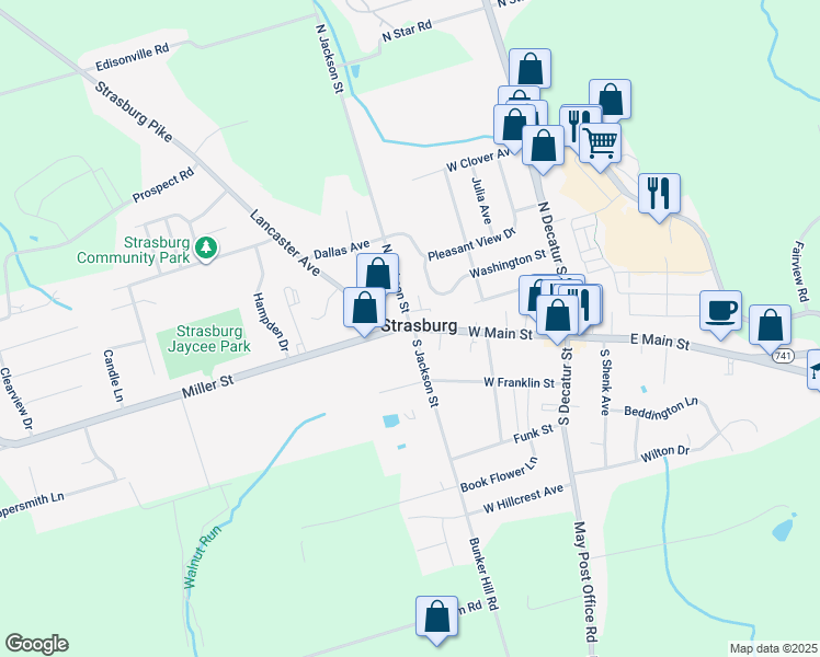 map of restaurants, bars, coffee shops, grocery stores, and more near 213 W Main St in Strasburg