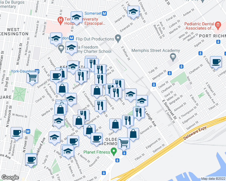 map of restaurants, bars, coffee shops, grocery stores, and more near 2617 Sepviva Street in Philadelphia
