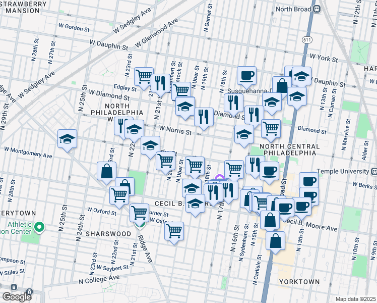 map of restaurants, bars, coffee shops, grocery stores, and more near 1910 Monument Street in Philadelphia