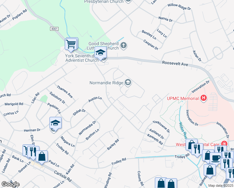 map of restaurants, bars, coffee shops, grocery stores, and more near 21 Copperwood Court in York
