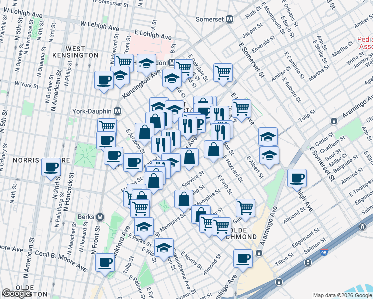 map of restaurants, bars, coffee shops, grocery stores, and more near 2474 Frankford Avenue in Philadelphia