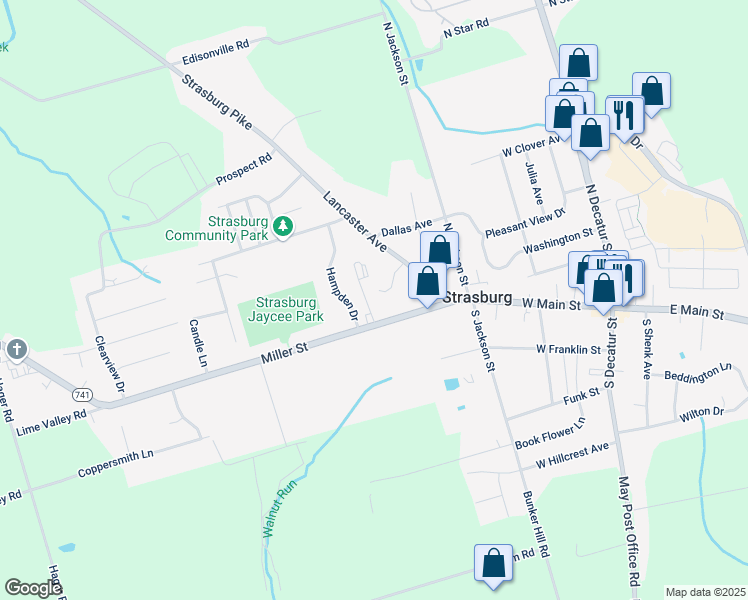 map of restaurants, bars, coffee shops, grocery stores, and more near 8 Hemlock Lane in Strasburg
