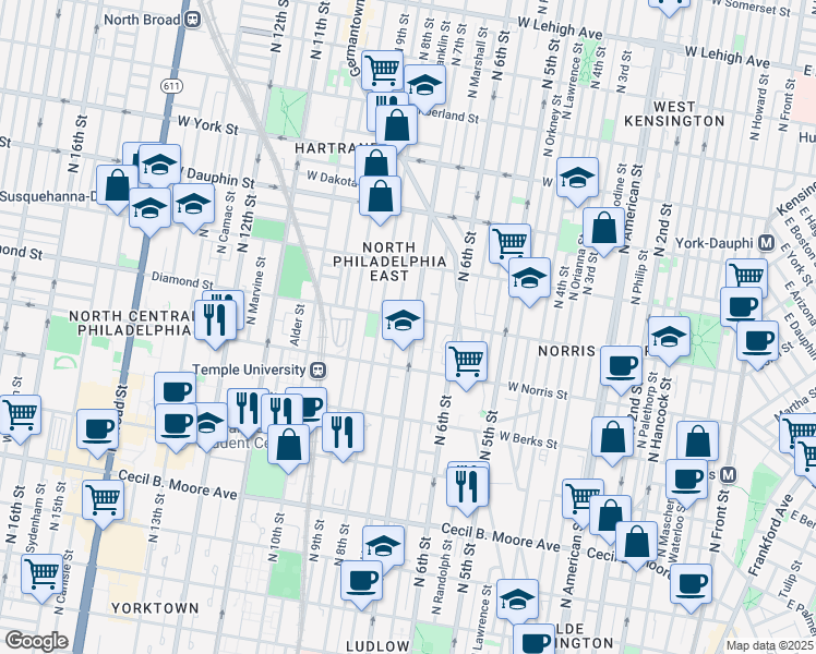 map of restaurants, bars, coffee shops, grocery stores, and more near 2048 North 7th Street in Philadelphia