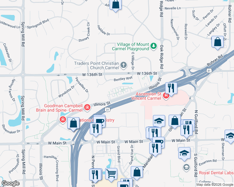 map of restaurants, bars, coffee shops, grocery stores, and more near 13436 Hoosier Hill Drive in Carmel