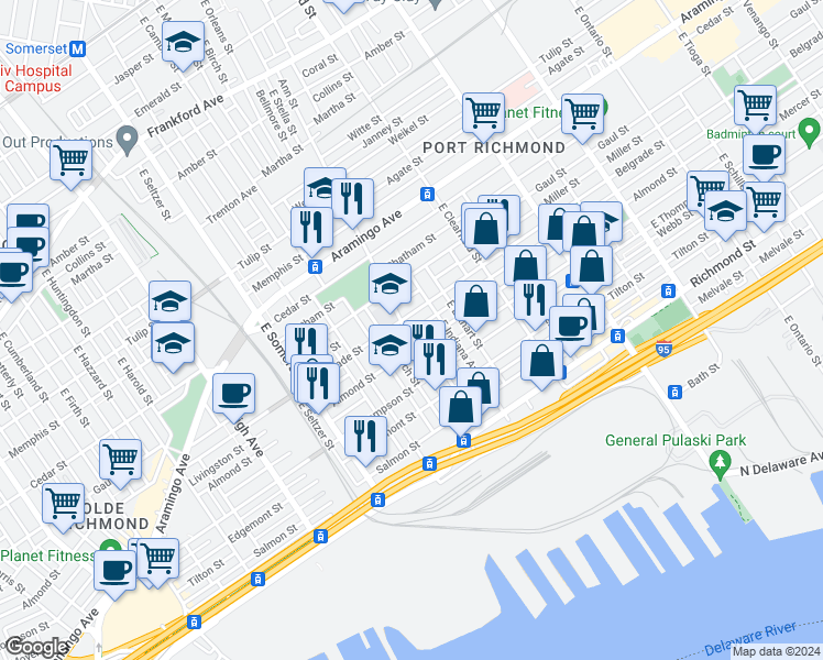 map of restaurants, bars, coffee shops, grocery stores, and more near 2551 Ann Street in Philadelphia