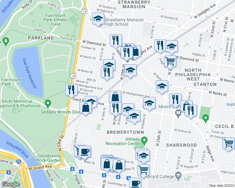 map of restaurants, bars, coffee shops, grocery stores, and more near 1756 North 29th Street in Philadelphia