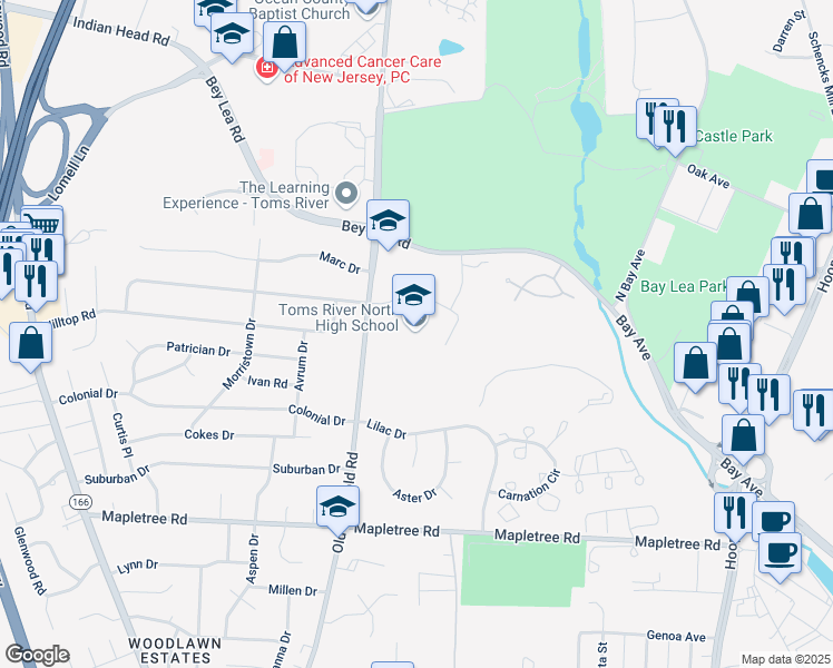 map of restaurants, bars, coffee shops, grocery stores, and more near 1245 Old Freehold Road in Toms River