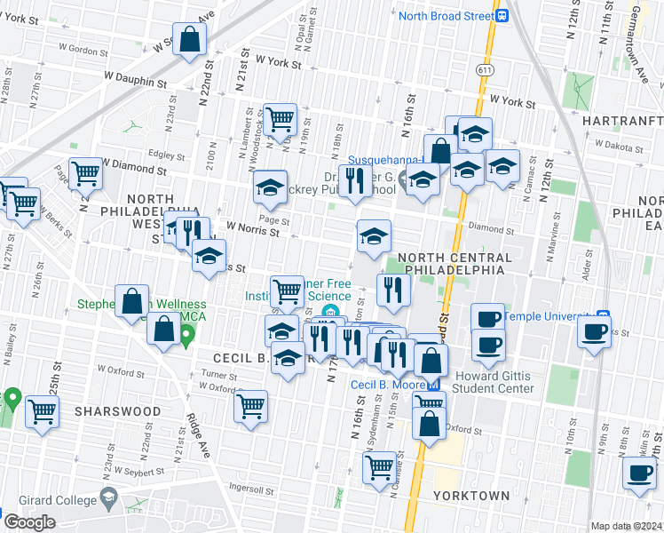 map of restaurants, bars, coffee shops, grocery stores, and more near 1729 Monument Street in Philadelphia