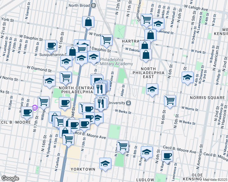 map of restaurants, bars, coffee shops, grocery stores, and more near 2018 North 11th Street in Philadelphia