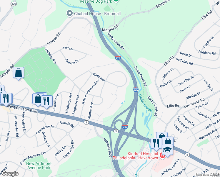 map of restaurants, bars, coffee shops, grocery stores, and more near 3 Darlene Circle in Broomall
