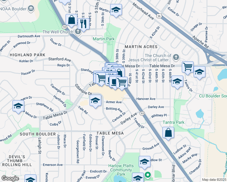 map of restaurants, bars, coffee shops, grocery stores, and more near 693b South Broadway in Boulder