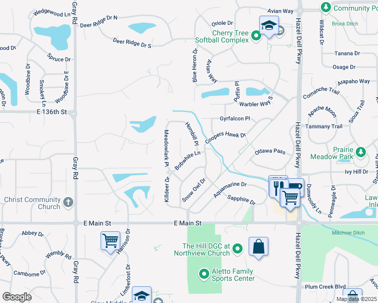 map of restaurants, bars, coffee shops, grocery stores, and more near 13275 Bobwhite Lane in Carmel