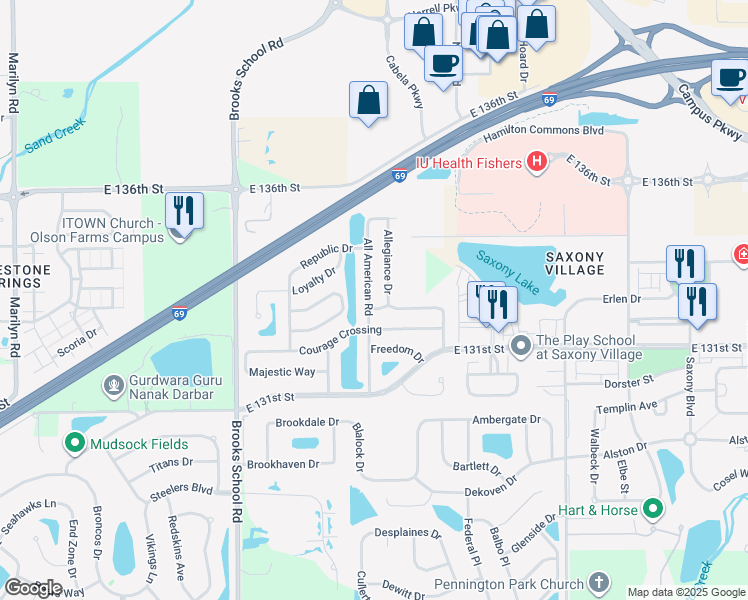 map of restaurants, bars, coffee shops, grocery stores, and more near 13331 All American Road in Fishers