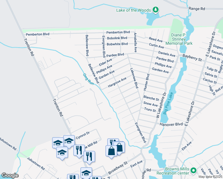 map of restaurants, bars, coffee shops, grocery stores, and more near 226 Juniper Avenue in Browns Mills