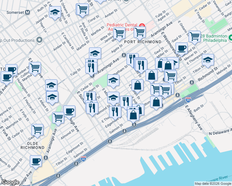 map of restaurants, bars, coffee shops, grocery stores, and more near 2600 Ann Street in Philadelphia