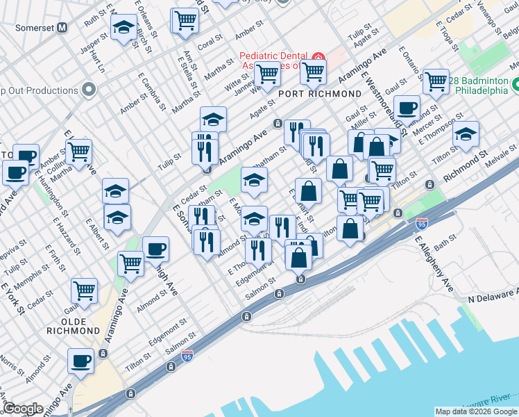 map of restaurants, bars, coffee shops, grocery stores, and more near 2600 Ann Street in Philadelphia
