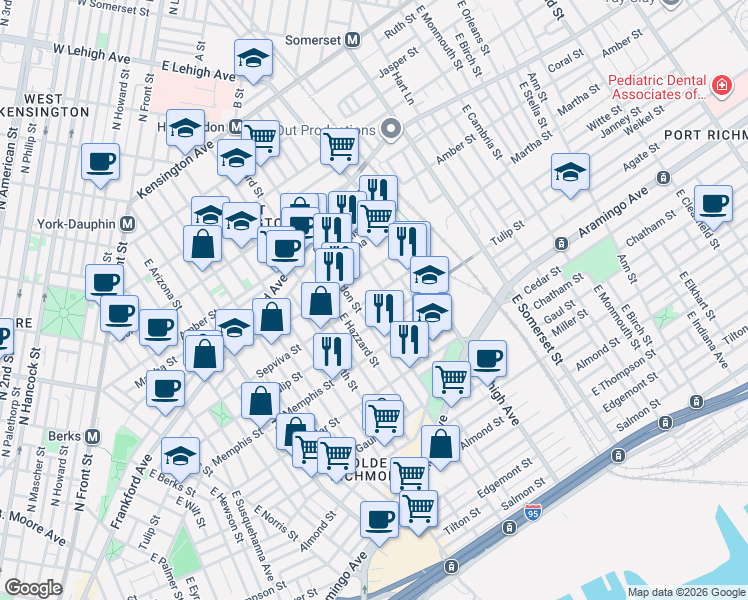 map of restaurants, bars, coffee shops, grocery stores, and more near 2223 East Huntingdon Street in Philadelphia