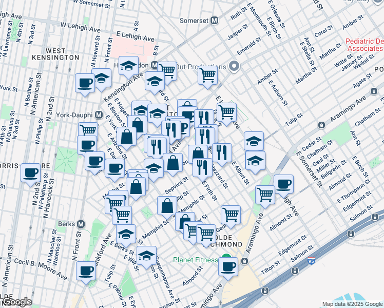 map of restaurants, bars, coffee shops, grocery stores, and more near 2142 East Sergeant Street in Philadelphia