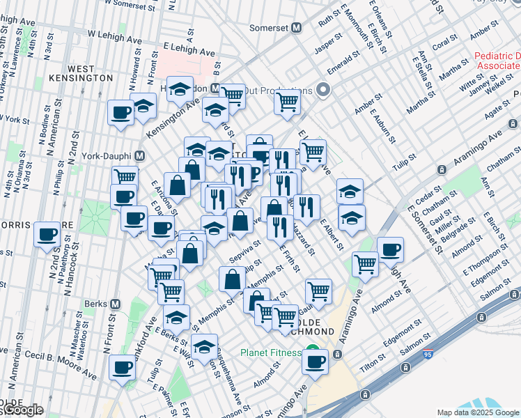 map of restaurants, bars, coffee shops, grocery stores, and more near 2139 East Cumberland Street in Philadelphia
