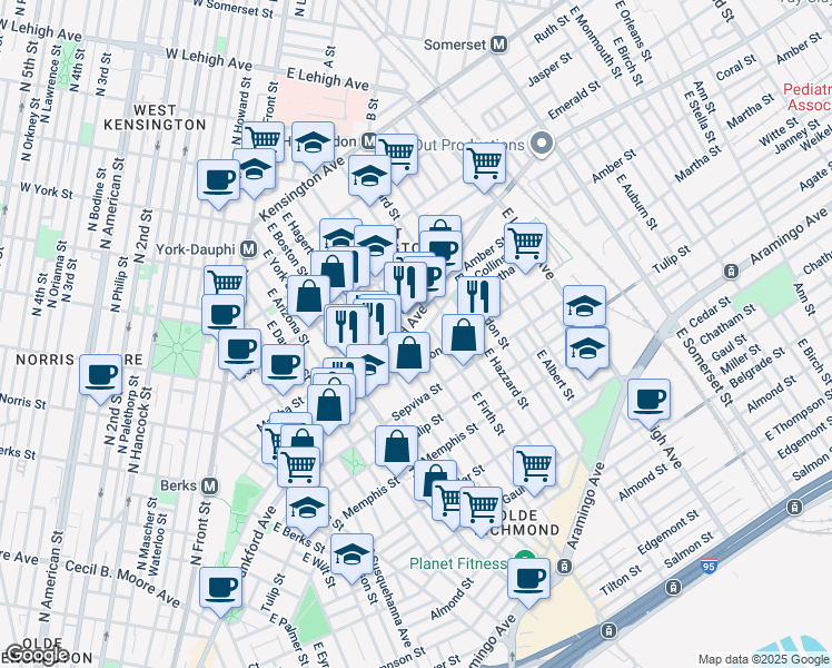 map of restaurants, bars, coffee shops, grocery stores, and more near 2133 East Letterly Street in Philadelphia