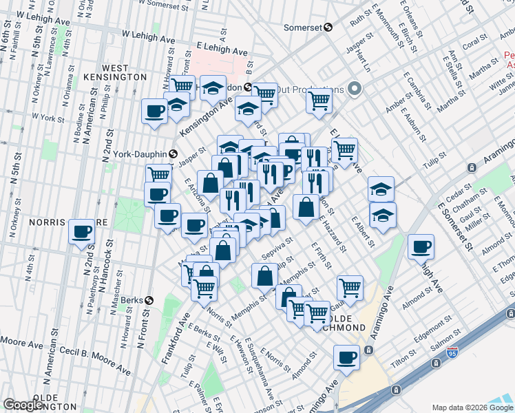 map of restaurants, bars, coffee shops, grocery stores, and more near 2133 East Letterly Street in Philadelphia