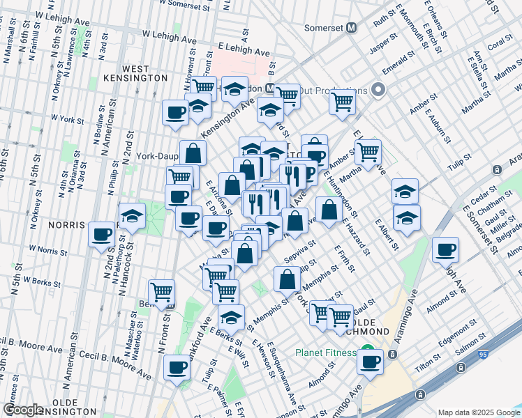 map of restaurants, bars, coffee shops, grocery stores, and more near 2054 West Hagert Street in Philadelphia