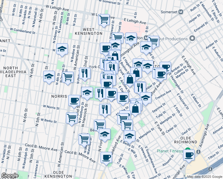 map of restaurants, bars, coffee shops, grocery stores, and more near in Philadelphia