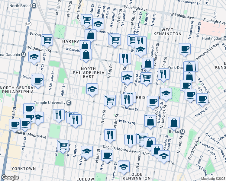 map of restaurants, bars, coffee shops, grocery stores, and more near 2036 Germantown Avenue in Philadelphia