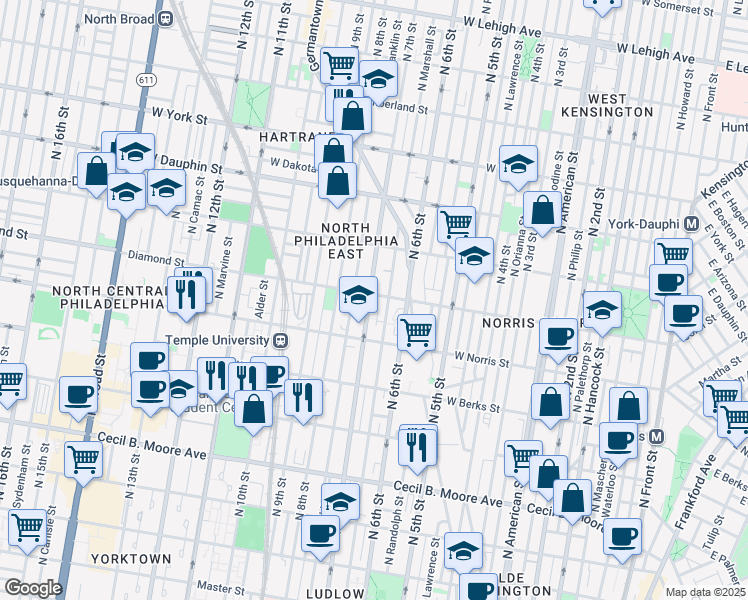 map of restaurants, bars, coffee shops, grocery stores, and more near 2014 North 7th Street in Philadelphia