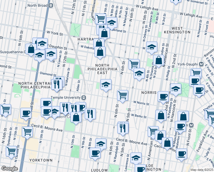 map of restaurants, bars, coffee shops, grocery stores, and more near 2014 North 7th Street in Philadelphia
