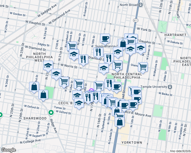 map of restaurants, bars, coffee shops, grocery stores, and more near in Philadelphia